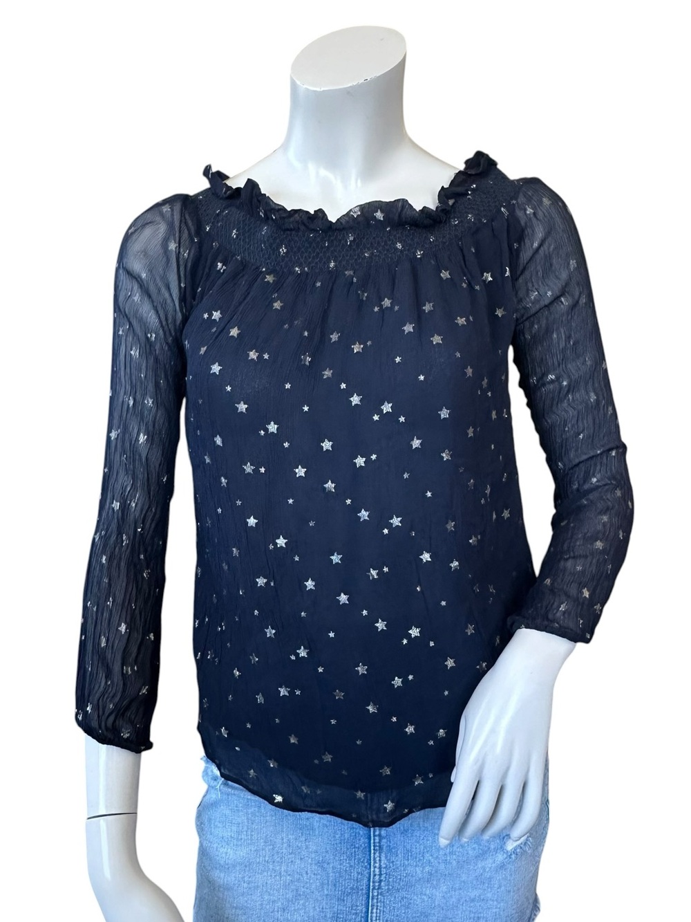 Dea Kudibal Navy Blue Metallic Star Smocked Neck Blouse Size Small